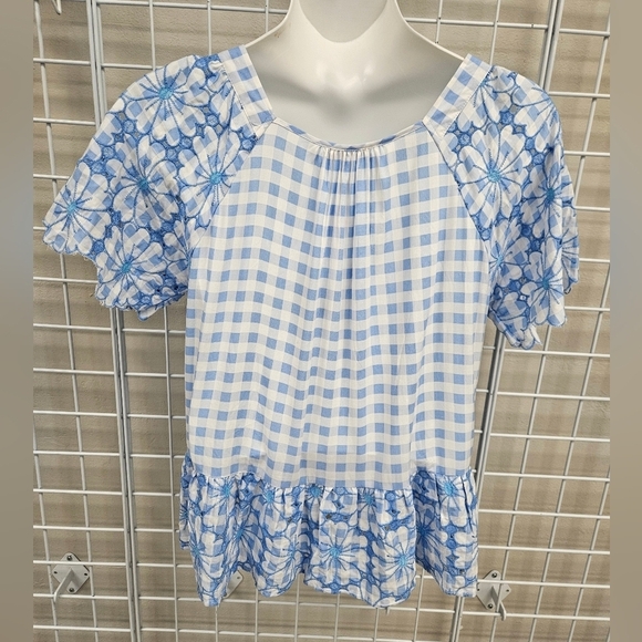 GRAND & GREENE Checkered Floral Embroidered Top NWT - Picture 5 of 8